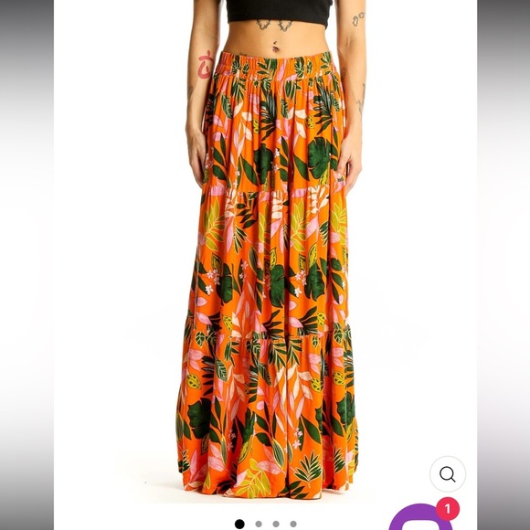 Eloquii Tiered Long Skirt Plus Size 14/16 - Tropical Floral Print Orange & Green - Picture 1 of 3